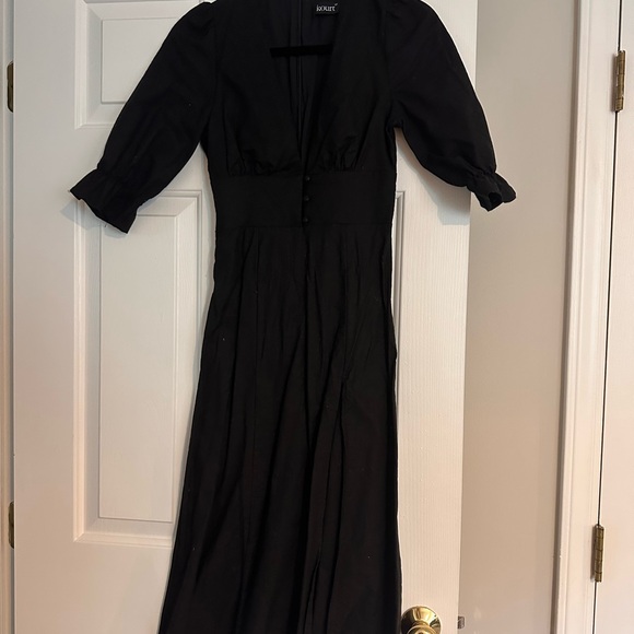 Linen Black Midi Dress with Slit - Picture 2 of 3
